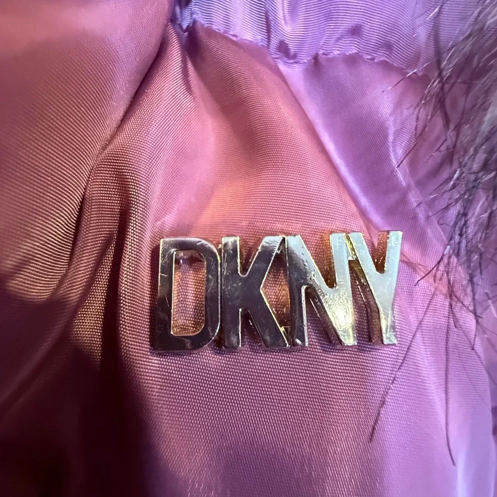 DKNY Girls Pink Puffer Coat Faux Fur Hood Long Winter Jacket Size 10/12 M/L